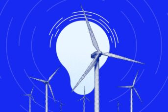 Wind turbines on a blue background