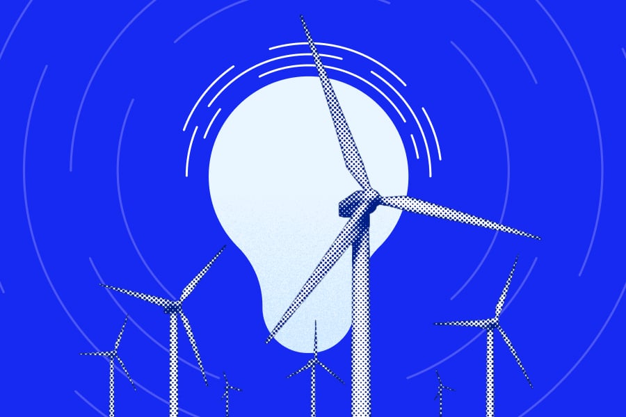 Wind turbines on a blue background